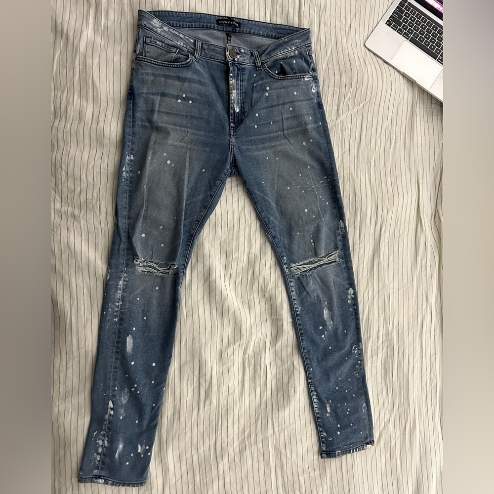 Monfrère Skinny Distressed Paint Splatter Stretch Jeans 36x33